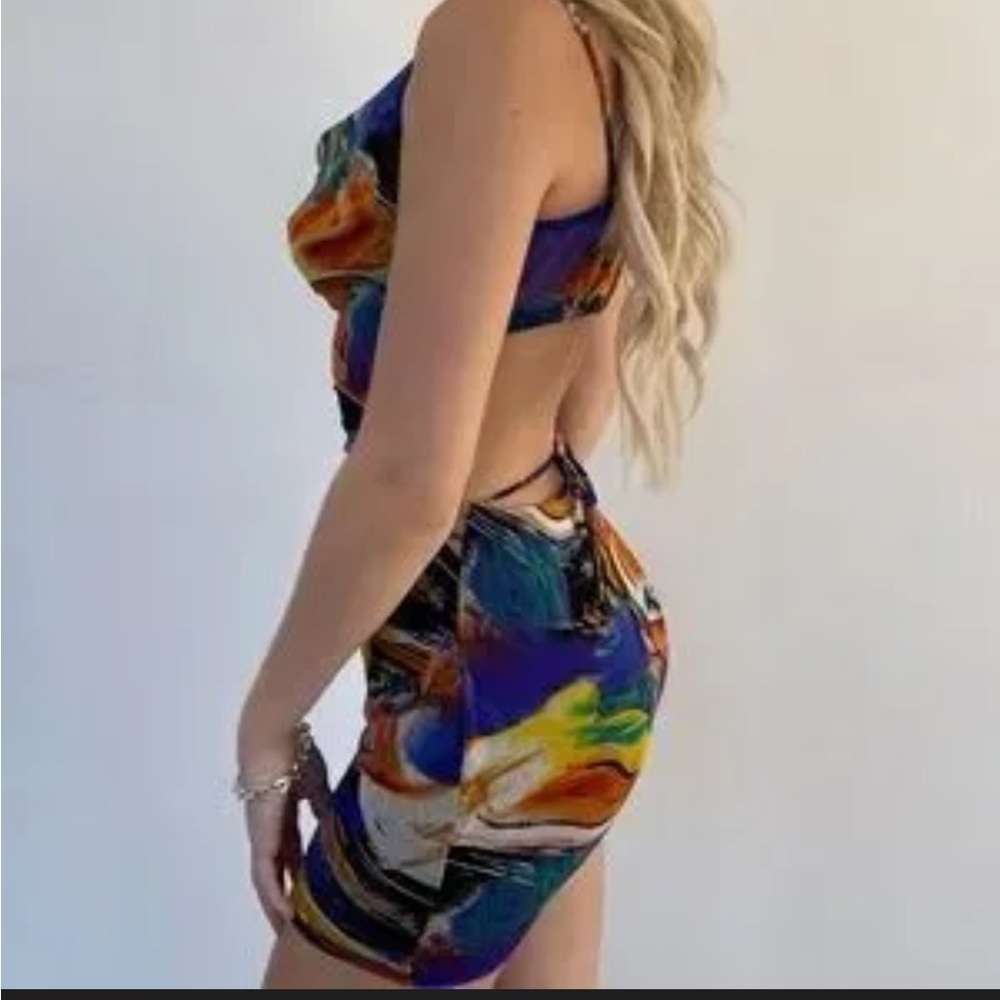 Blanc Picasso Print Cut Out Mini Dress Small Multicolor Bodycon Party - Picture 4 of 15